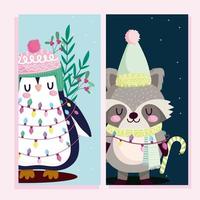 merry christmas, cute penguin and raccoon with lights and hat decoration banner vector