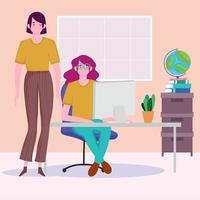 mujeres con computadora en el espacio de trabajo de escritorio, personas que trabajan vector