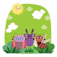 funny bugs animals together grass nature cartoon vector