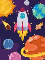 space launch spaceship planets comet moon and sun cartoon vector