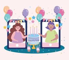 virtual party, girls celebrating birthday, meeting with friends vector