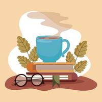 cup coffee books and eyeglasses vector