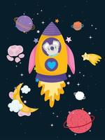 espacio koala en cohete luna estrella y planetas aventura explorar animal dibujos animados vector