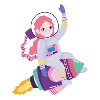 espacio aventura galaxia dibujos animados astronauta niña cohete vector