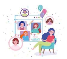 fiesta virtual, celebración de cumpleaños de mujer en modo cuarentena vector