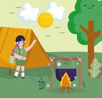 cute boy camping campfire vector