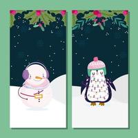 feliz navidad, lindo muñeco de nieve y pingüino en las pancartas de follaje de nieve vector