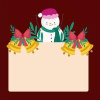 merry christmas snowman with golden bells and empty placard vector