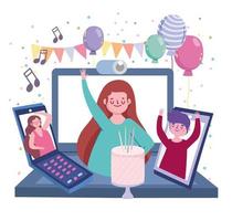 fiesta virtual, personas en dispositivos de pantalla celebrando cumpleaños vector