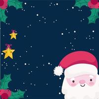 merry christmas face santa stars and holly berry background vector