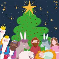 nativity, manger scene characters with tree and animals cartoon vector