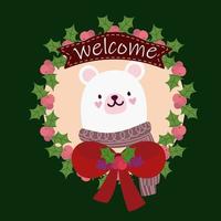 merry christmas polar bear with bow in wreath holly berry ornament vector