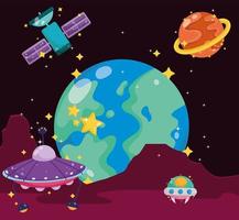 space earth planet ufo satellite mars surface exploration cartoon vector