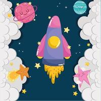 space adventure launch spaceship planet clouds cute cartoon vector