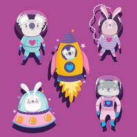 space astronaut koala rabbit and cat rocket ufo adventure explore animals cartoon vector