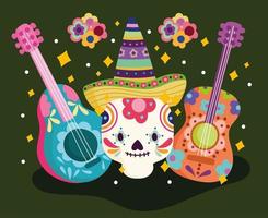 México día de los muertos cráneo con guitarra y flores decoración cultura tradicional vector