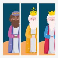 feliz epifanía, tres reyes sabios personajes de dibujos animados vector