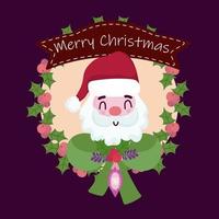 merry christmas wreath cute santa claus bow ribbon and holly berry vector