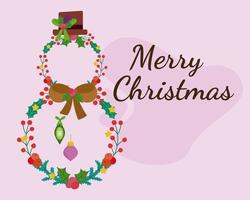 merry christmas wreath shaped snowman with hat and bow decoration vector