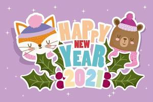 happy new year cute bear and fox with text and holly berry vector