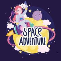 astronauta espacial niña en la nave espacial planeta luna explorar órbita linda caricatura vector