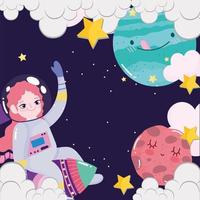espacio astronauta niña en cohete planetas nubes estrellas galaxia linda caricatura vector