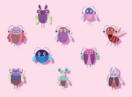 funny Bugs insect animal with wings cartoon icons set vector