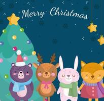 merry christmas, greeting card with bear fox deer rabbit with tree and stars vector