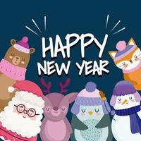 feliz año nuevo texto creativo con santa pingüino reno muñeco de nieve zorro y oso vector