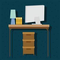 work space office desk computer lamp binder and cabinet vector