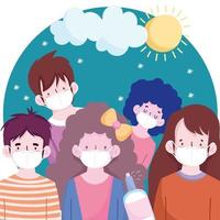 New normal people cartoons with masks sun and cloud vector design