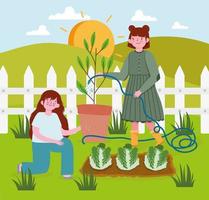 girls planting lettuce vector