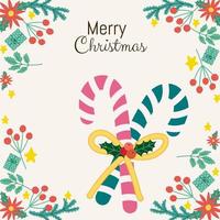 merry christmas greeting card candy canes with holly berry frame decoration vector