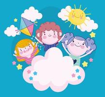 niños pequeños dibujos animados nubes sol cometa dibujos animados, niños vector