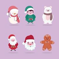 feliz navidad, iconos, conjunto, caracteres, santa, ayudante, oso, muñeco de nieve, hombre de jengibre vector