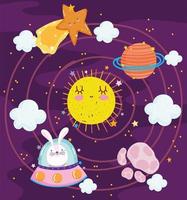 space rabbit in spaceship sun planets adventure explore animal cartoon vector