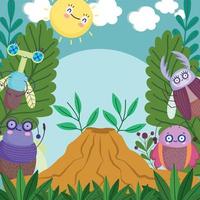 funny bugs animals with anthill vegetation leaves cartoon vector