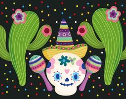 México día de los muertos cráneo con sombrero flores cactus y maracas cultura festiva tradicional vector