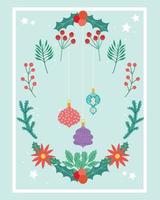 merry christmas floral wreath with flowers branches and balls decoration vector