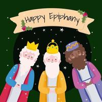 feliz epifanía, cinta de dibujos animados de los tres reyes sabios y baya de acebo vector