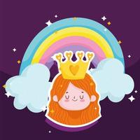 princess tale cartoon sticker face girl with crown and rainbow vector