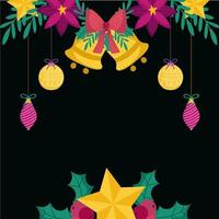 feliz navidad campanas doradas bolas estrella flor hojas decoracion tarjeta