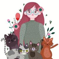 beauty woman cartoon with various cats, animals pet vector