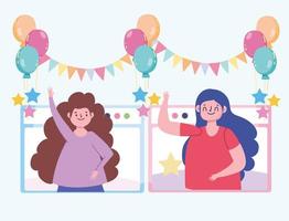 virtual party, girls online celebration, self isolation vector