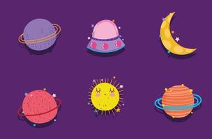 space planet moon ufo adventure explore cartoon icons vector