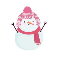 Feliz navidad muñeco de nieve con bufanda y gorro de invierno icono de dibujos animados vector