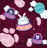 space rabbit koala and cat in spaceship planets adventure explore cartoon vector