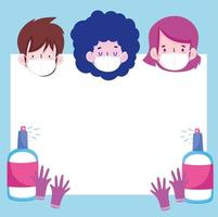 New normal people cartoons with masks sprays and gloves vector design