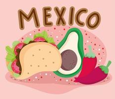 mexico culture traditional food avocado taco and chili pepper vector