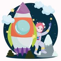 espacio astronauta niña nave espacial exploración y descubrimiento linda caricatura vector